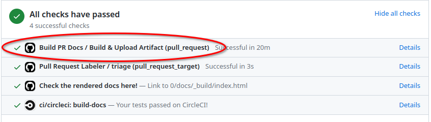 The "Build PR Docs / Build & Upload Artifact" check is highlighted