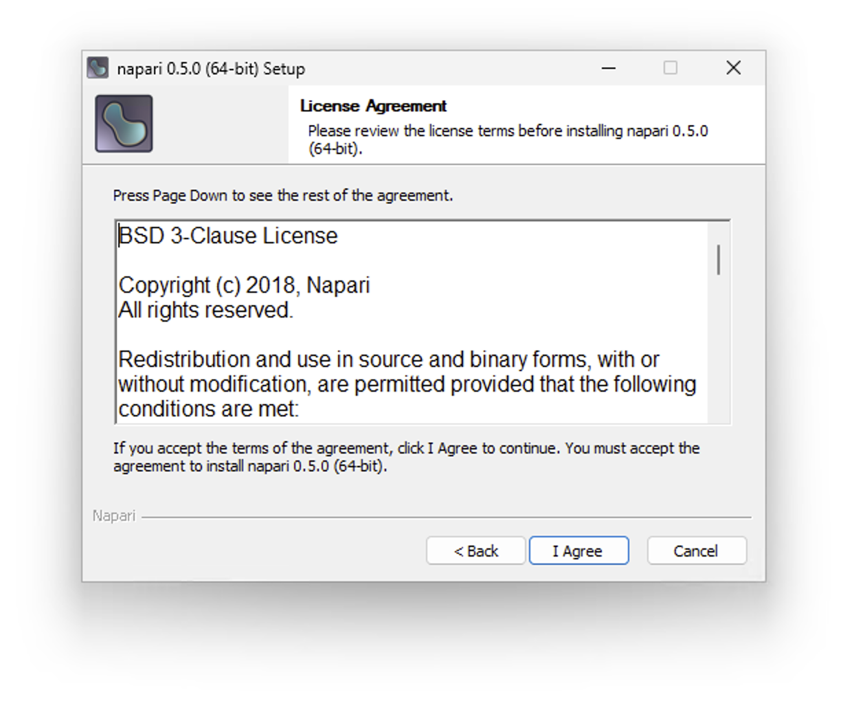 Cropped screenshot of the License Agreement page of the napari EXE installer. A scrollable text area displays the legal text. Three buttons are available: Back, I Agree, and Cancel.