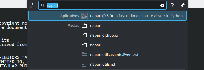 Full screenshot of the Ubuntu search menu, with the query 'napari', displaying some results which include the application icon for the installed napari.