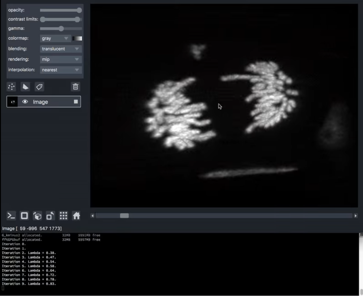 napari viewer showing the same dataset as the previous video, demonstrating on-the-fly processing of a dask array with sliding through dimensions still performing reasonably well considering the amount of processing going on as you slice.