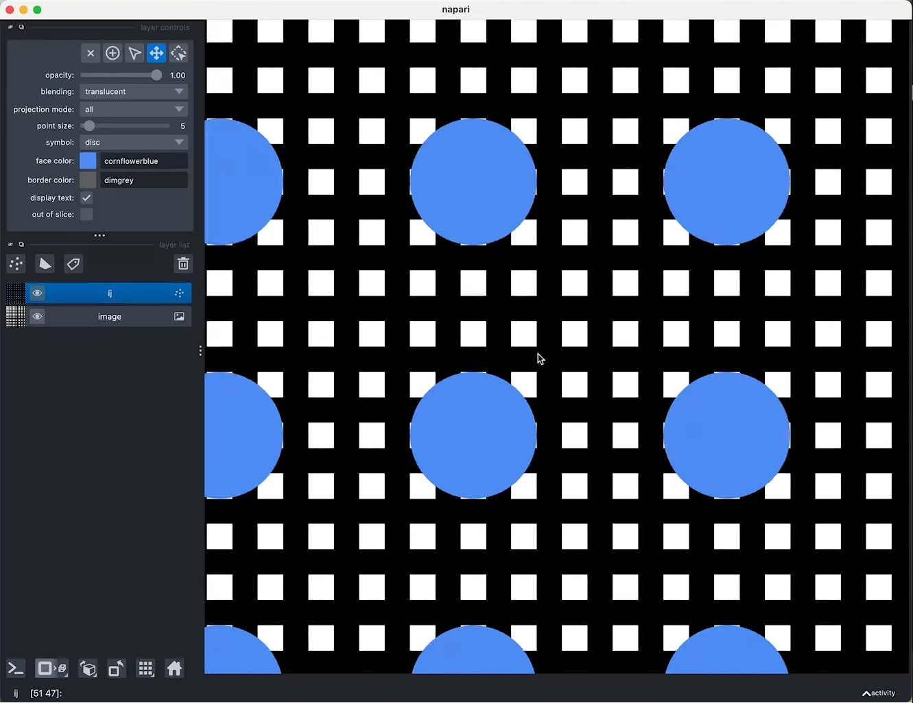Video with a points layer on a grid of white squares. When zooming, the points scale proportionally to the data.