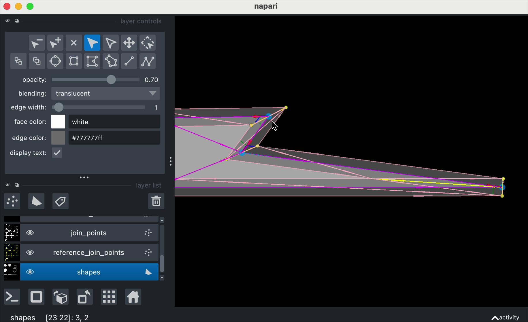 napari viewer showing a shapes layer and associated layers depicting the triangulation of the elements of the Shapes layer.