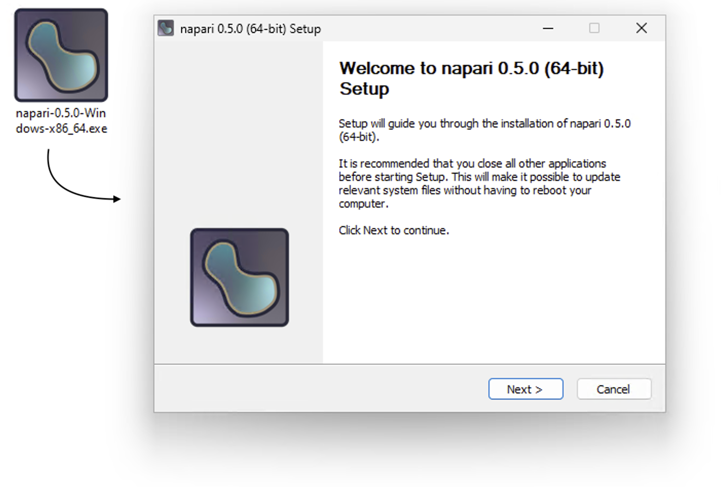 Montage of the napari EXE installer icon with an arrow pointing to the Welcome page of the napari EXE installer on Windows.