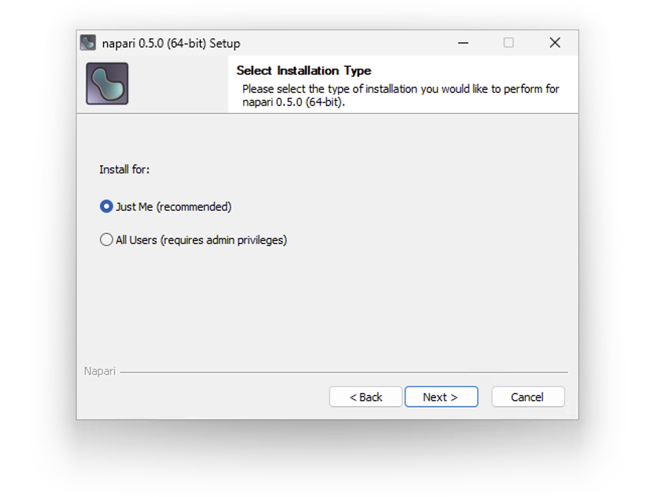 Cropped screenshot of the Setup Instalation Type page of the napari EXE installer. Two options are available: Just Me (recommended), and All Users (requires admin privileges). At the bottom, three buttons Back, Next and Cancel are displayed.